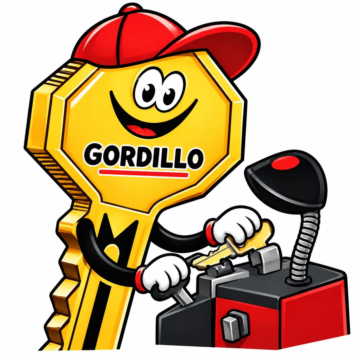 Mascota de Cerrajerías Gordillo: una llave amarilla con gorra roja trabajando en una máquina de llaves